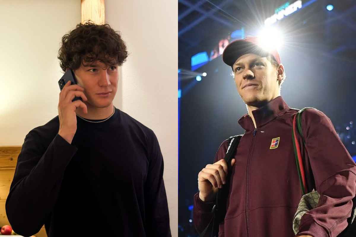 Giovanni Franzoni al telefono e Jannik Sinner prima di scendere in campo