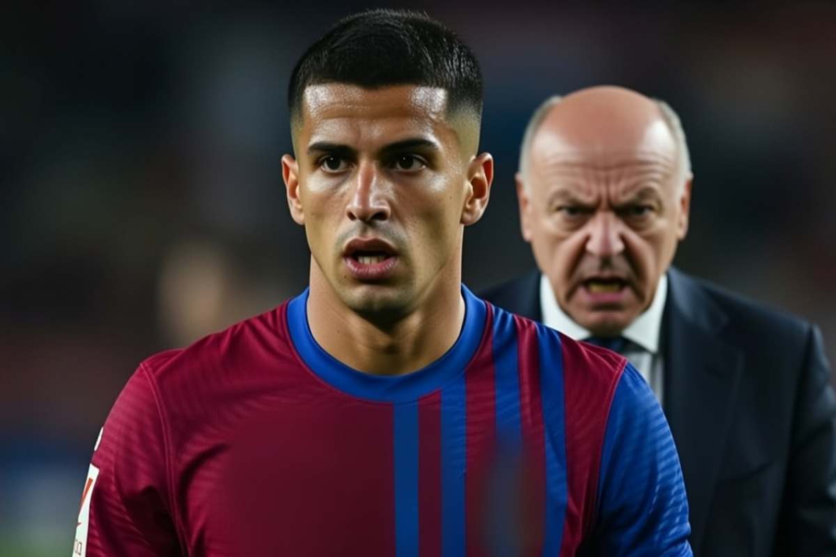 Cancelo mette in stand by l'Inter e attende le mosse del Barcellona, Marotta lo guarda arrabbiato, foto creata con intelligenza artificiale