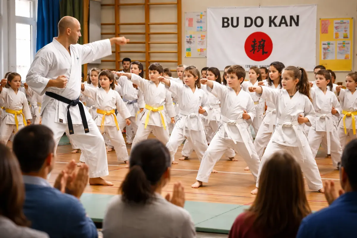 bambini che praticano karate in palestra