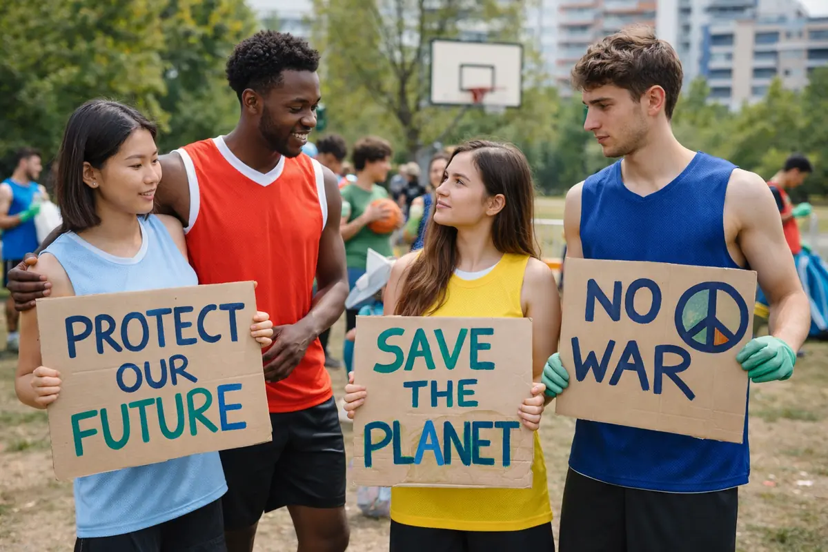 gruppo di giovani impegnati in iniziativa sociale e ambientale durante attività sportiva