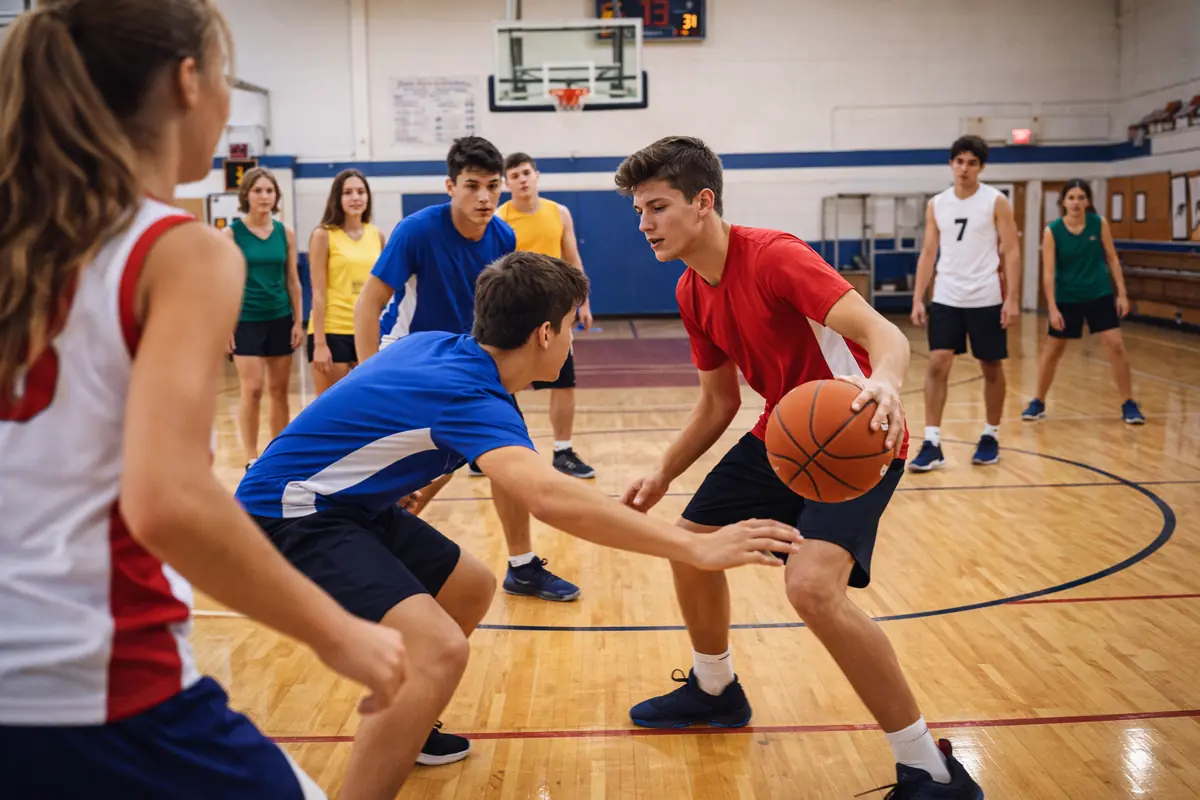 Studenti che giocano a basket durante un’attività di sport a scuola nella palestra di un istituto